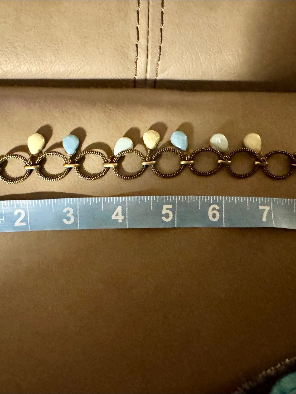 Gold Link Bracelet with Blue and Pale Yellow Teardrop Charms. Vintage Premiere - Picture 4 of 5